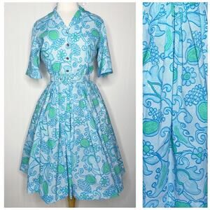 Vintage 50s/60s Bright Blue Green Floral Print A-Line Day Shirt Dress XS/S